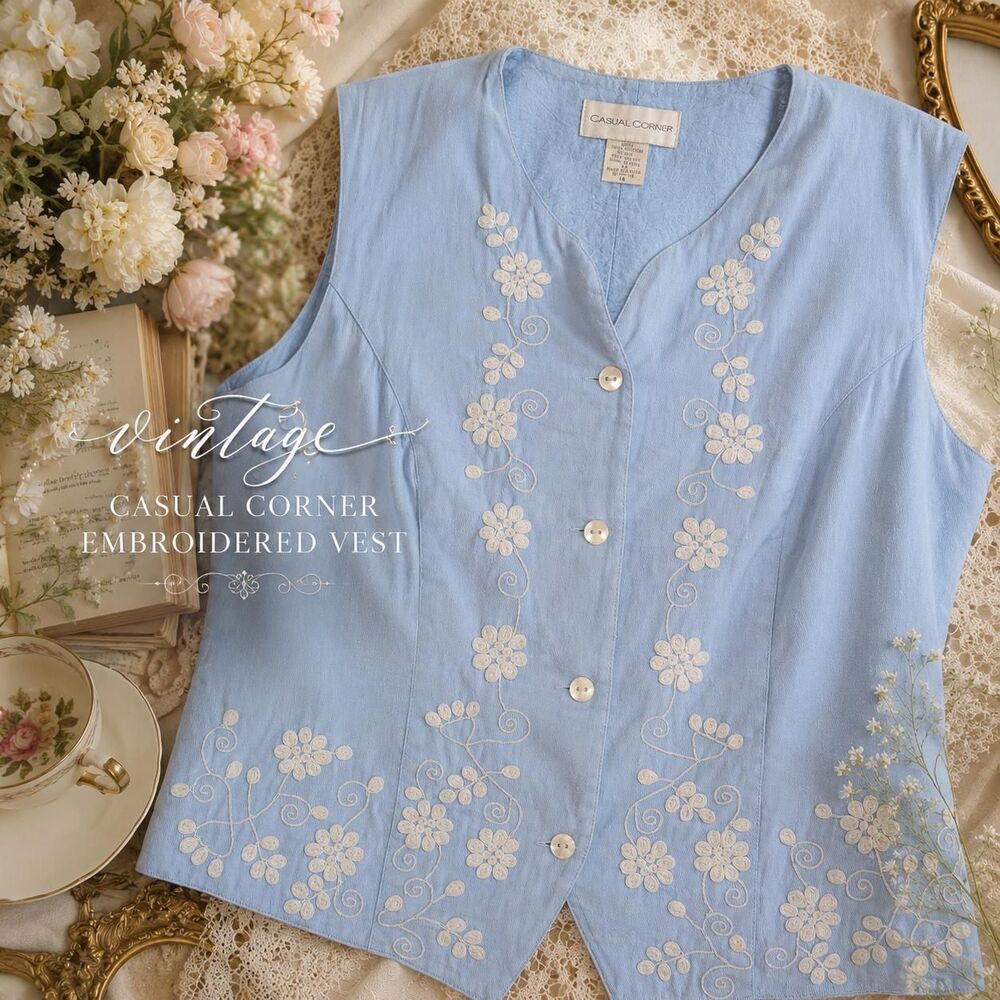 Casual Corner Powder Blue Embroidered Cotton Vest 14 – Cottagecore Floral Top